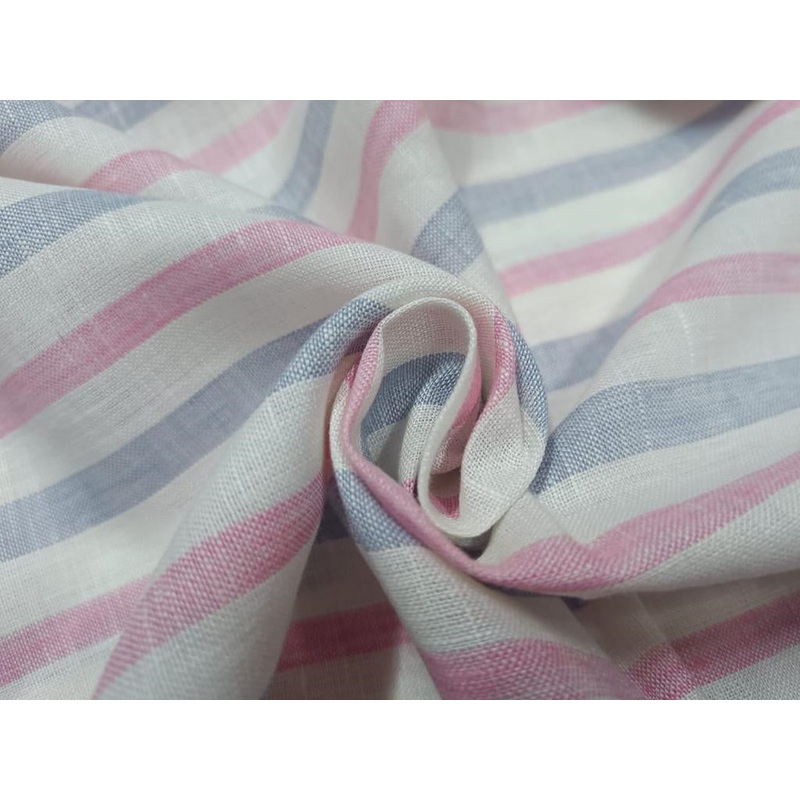 Superb Quality Linen Club Baby Pink and Powder Blue with white horizontal stripe Fabric ~ 58" wide