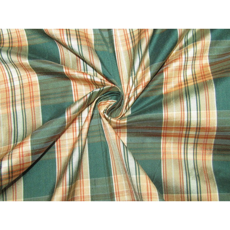 100% silk dupion green and peach Plaids fabric 54" wide
