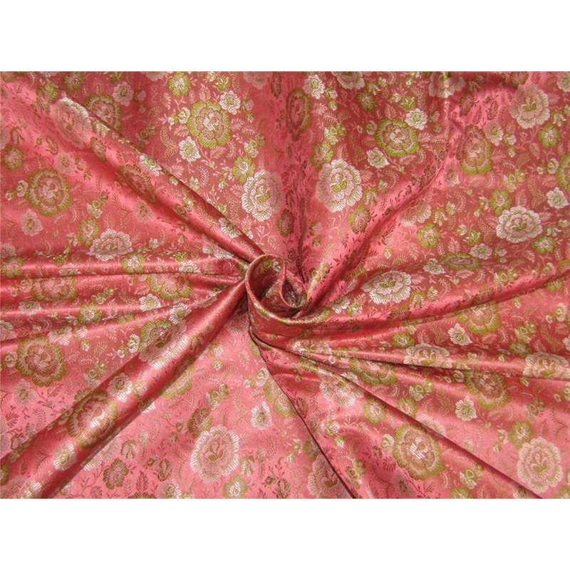 Silk Brocade fabric coral pink and green 44"