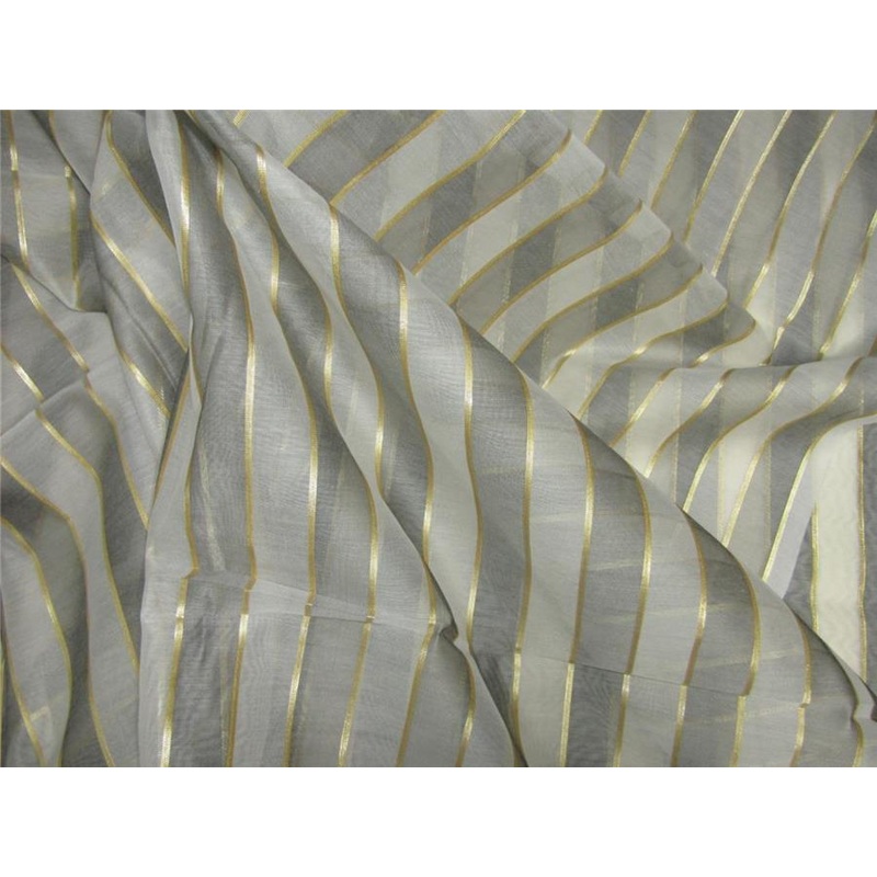 silk chanderi Brocade fabric stripe grey/ivory/gold 44" wide