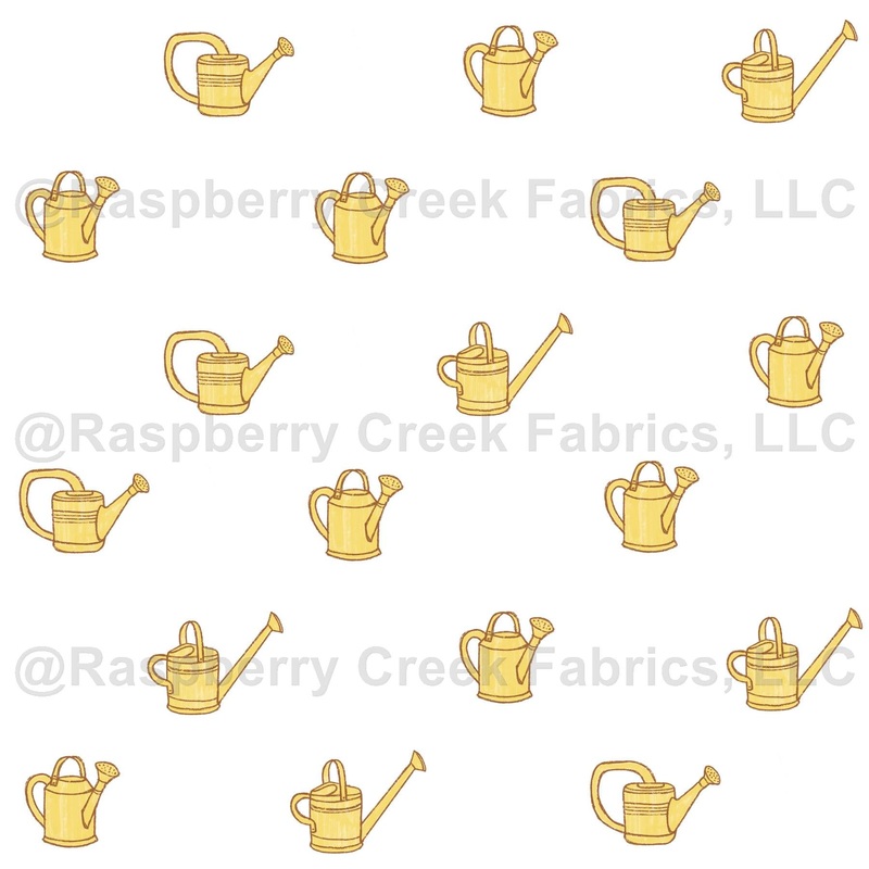 Yellow and Brown Watering Can Print Fabric, Quite Contrary by Bri Powell