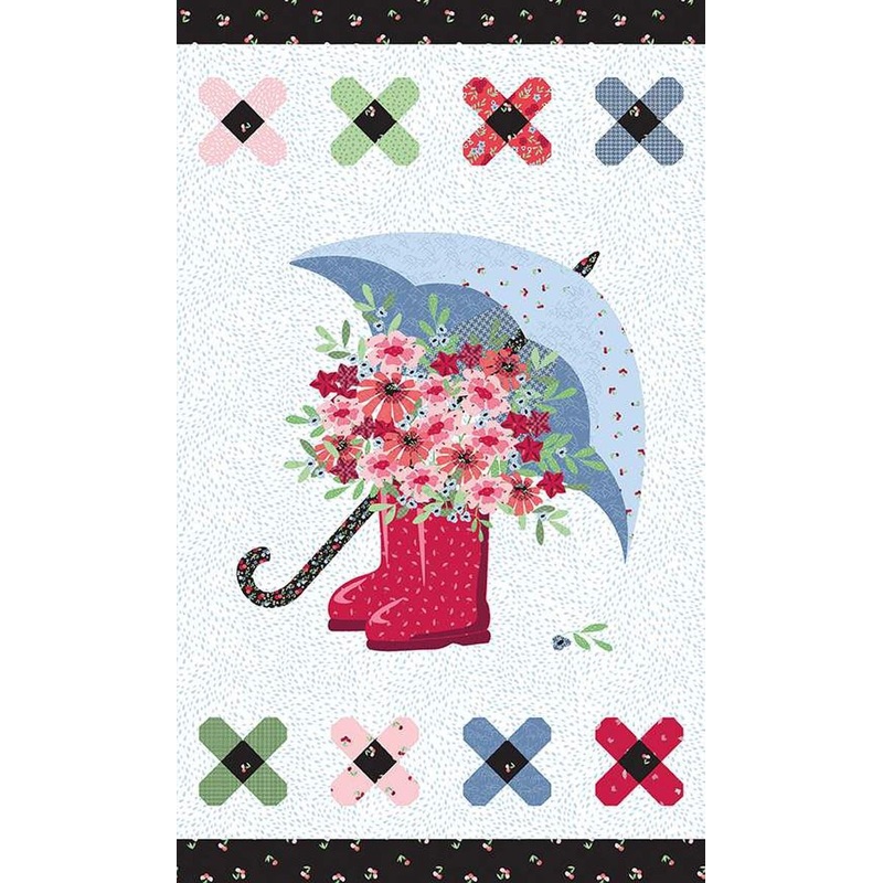 SALE Cloudburst Panel P16188 - Riley Blake - Umbrella Rainboots Flowers Flowers - Quilting Cotton Fabric