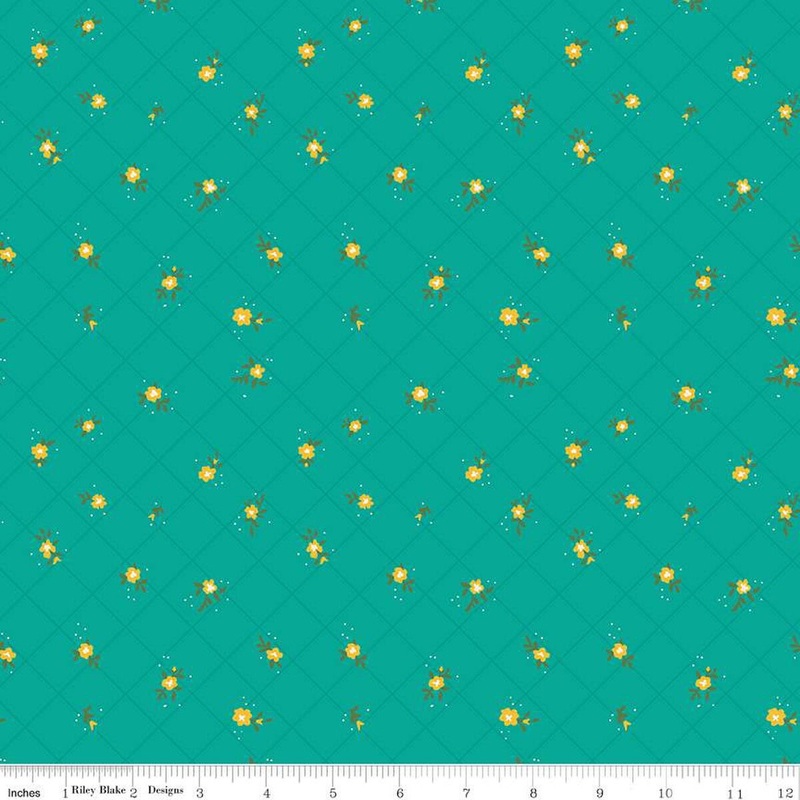 SALE Market Street Flower Grid C14128 Teal - Riley Blake Designs - Floral Flowers Blossoms Dots Diagonal Grid - Quilting Cotton Fabric