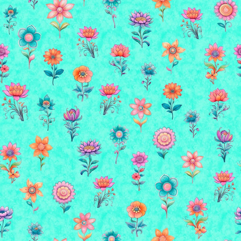 Spring Bling Stemmed Flowers Aqua - QT Fabrics - Quilting Cotton Fabric