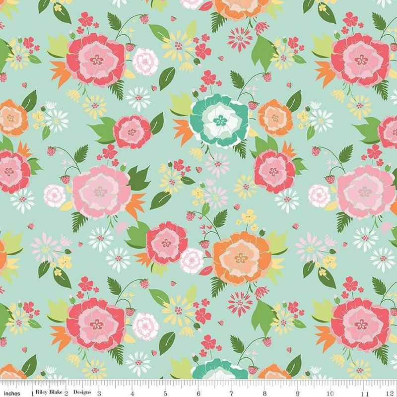Summer Skies & Fireflies Main C16370 Aqua - Riley Blake Designs - Flowers Floral Leaves Strawberries - Quilting Cotton Fabric