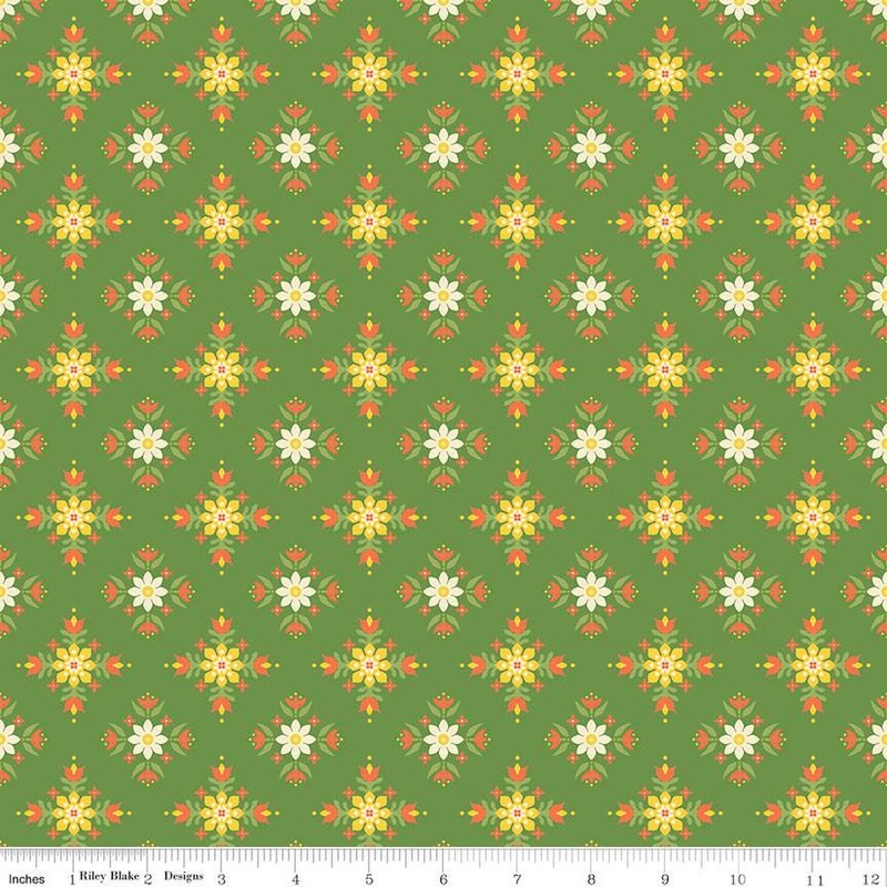 SALE Autumn Afternoon Flower Clusters C14873 Green - Riley Blake Designs - Fall Flowers Floral Tiles Geometric - Quilting Cotton Fabric