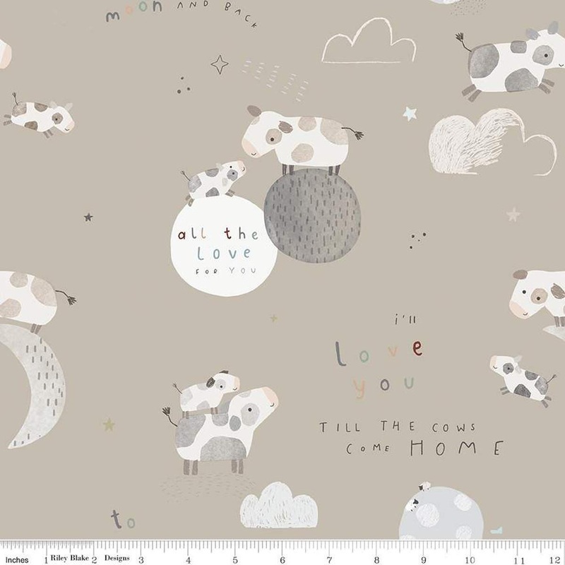 12" End of Bolt - FLANNEL Till the Cows Come Home Main F16110 Taupe - Riley Blake Designs - Cows Moons Stars Clouds - FLANNEL Cotton Fabric