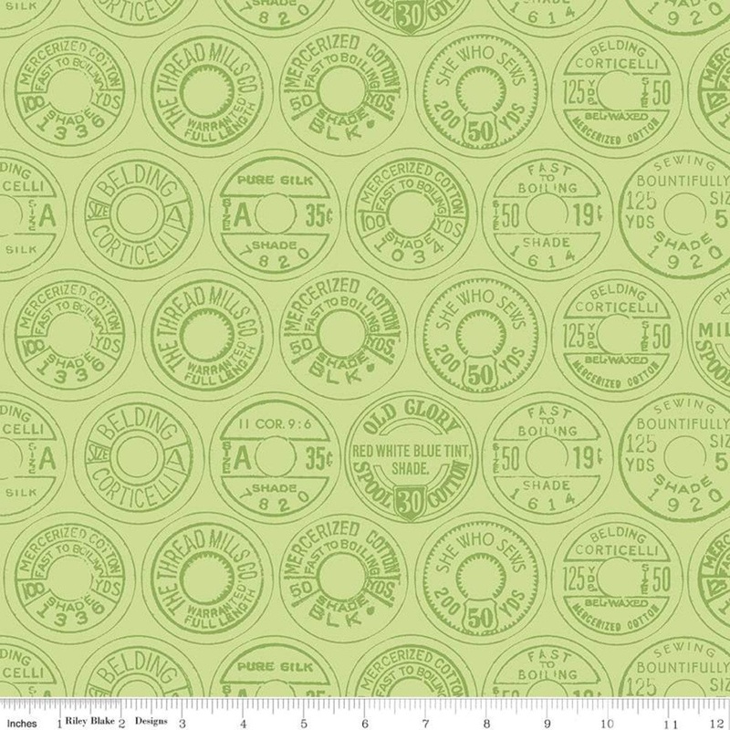 33" End of Bolt - SALE Best of She Who Sews Low Volume Spool Tops C11338 Green - Riley Blake - Sewing Vintage Thread Labels -Quilting Cotton