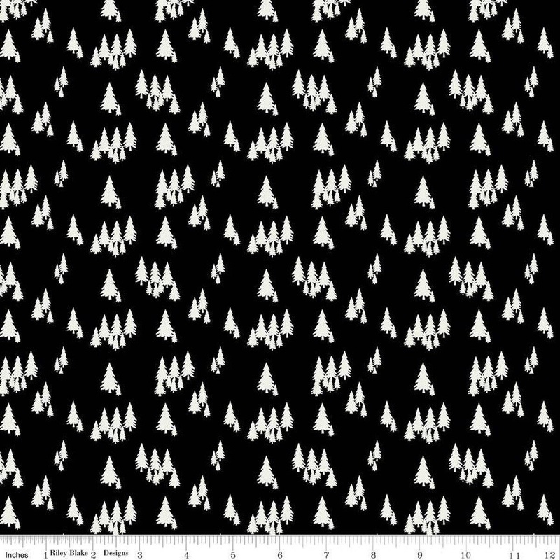 SALE Woodsman Trees C13763 Black - Riley Blake Designs - Cream Pine Pines on Black - Quilting Cotton Fabric