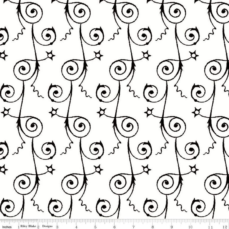 33" End of Bolt - Queen of We'en Starry Night C13169 White - Riley Blake - Halloween Star Swirls - J. Wecker Frisch - Quilting Cotton Fabric