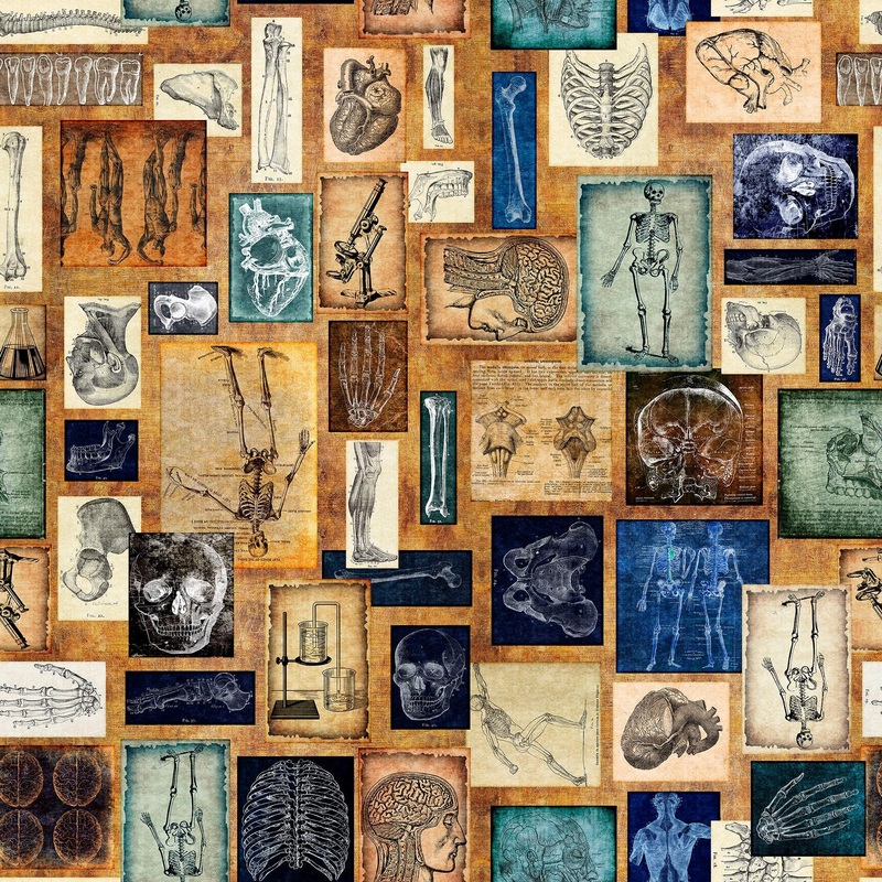 SALE True Detective Anatomy Patches 30717 Copper A - - QT Fabrics - Bones Teeth Illustrations - Quilting Cotton Fabric