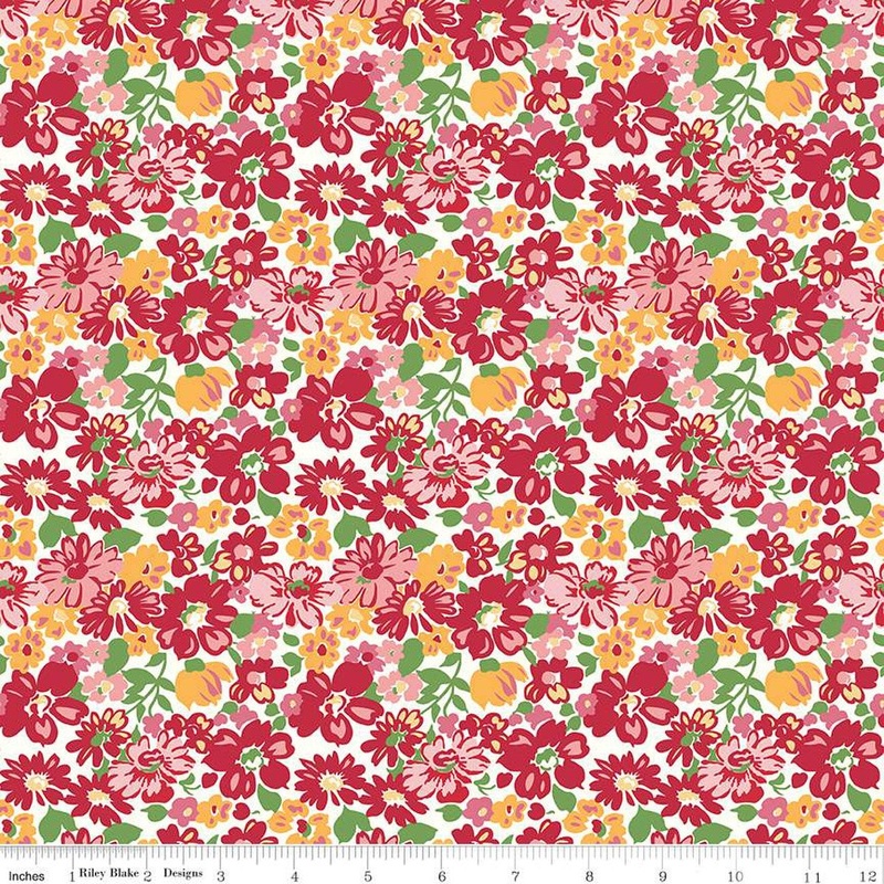 Bee Vintage Mildred C13070 Red - Riley Blake Designs - Floral Flowers Leaves - Lori Holt - Quilting Cotton Fabric