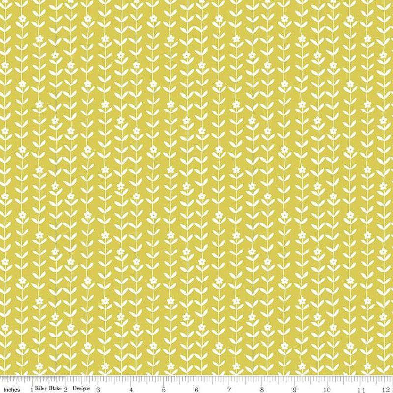 SALE Flower Farm Vines C13987 Lime - Riley Blake Designs - White Flowers Blossoms Leaves - Quilting Cotton Fabric