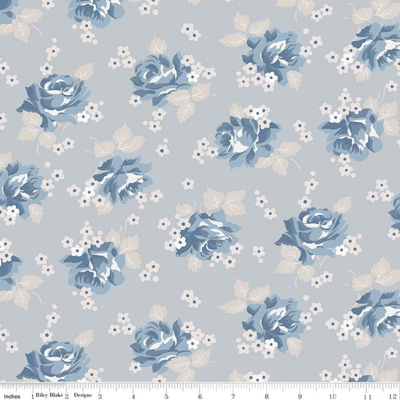 SALE Serenity Blues Roses C14781 Gray - Riley Blake Designs - Floral Flowers Roses Blossoms - Quilting Cotton Fabric