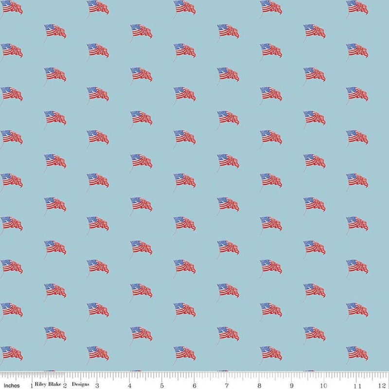 SALE Sew America USA Flags Blue American Flags Patriotic Fabric - C17353 - Riley Blake Quilting Cotton Fabric