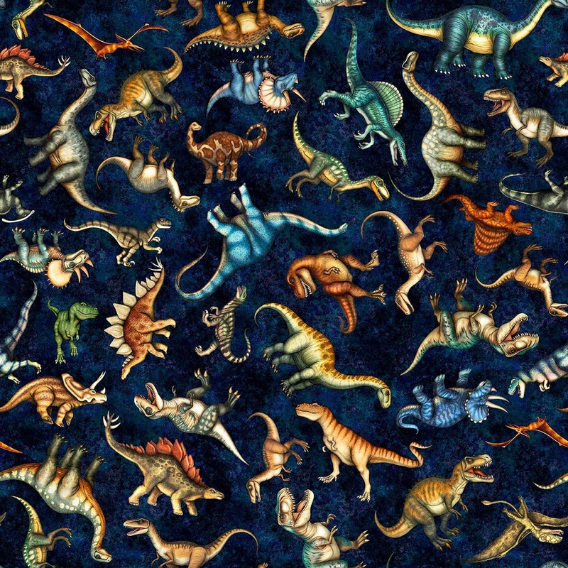 Savage Kingdom Tossed Dinosaurs Dark Navy Blue Dino Fabric - 31734 - QT Fabrics Quilting Cotton Fabric