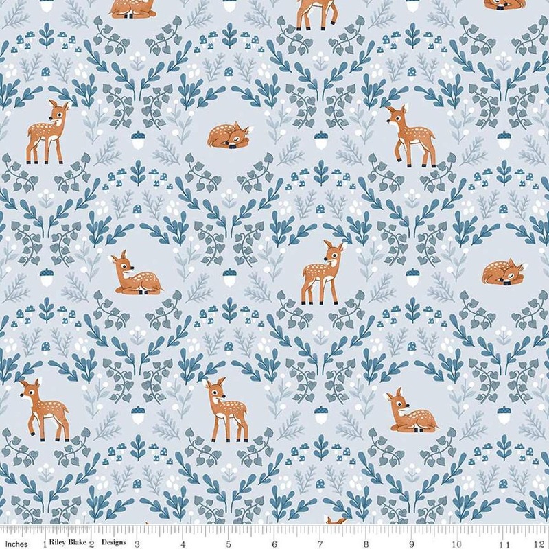 Twilight Creatures Wild Fawns C15361 Ice - Riley Blake Designs - Damask Deer Leaves Acorns Mushrooms - Quilting Cotton Fabric