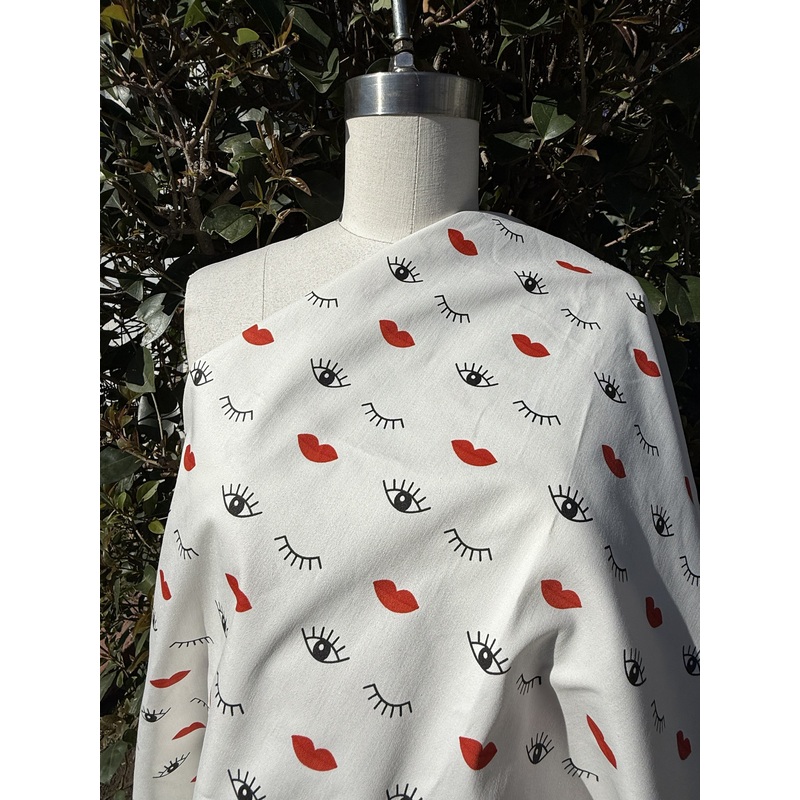 White Black Red Eye Lip Print Cotton Spandex Sateen Woven "Bedroom Eyes"
