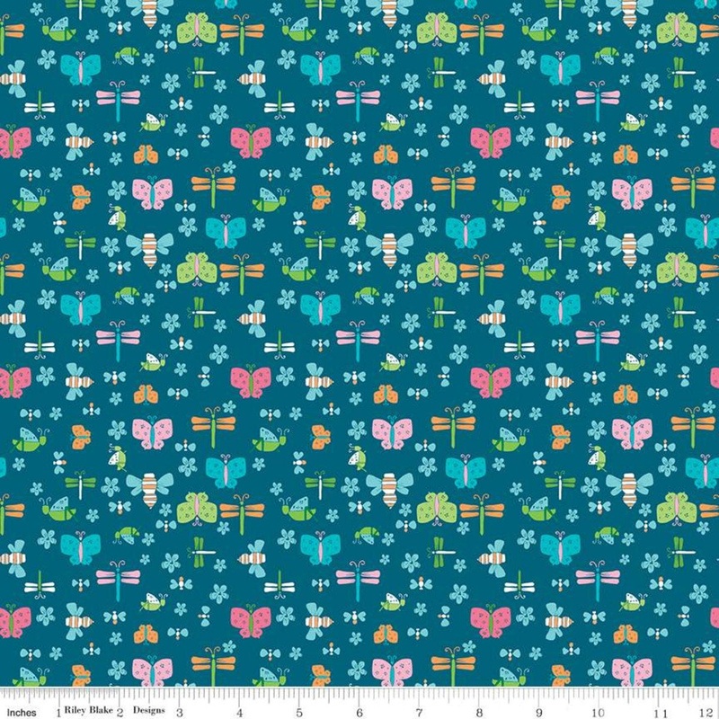 SALE Play Outside Bugs Navy - Riley Blake Designs - Butterflies Dragonflies Flowers Blue - Quilting Cotton Fabric