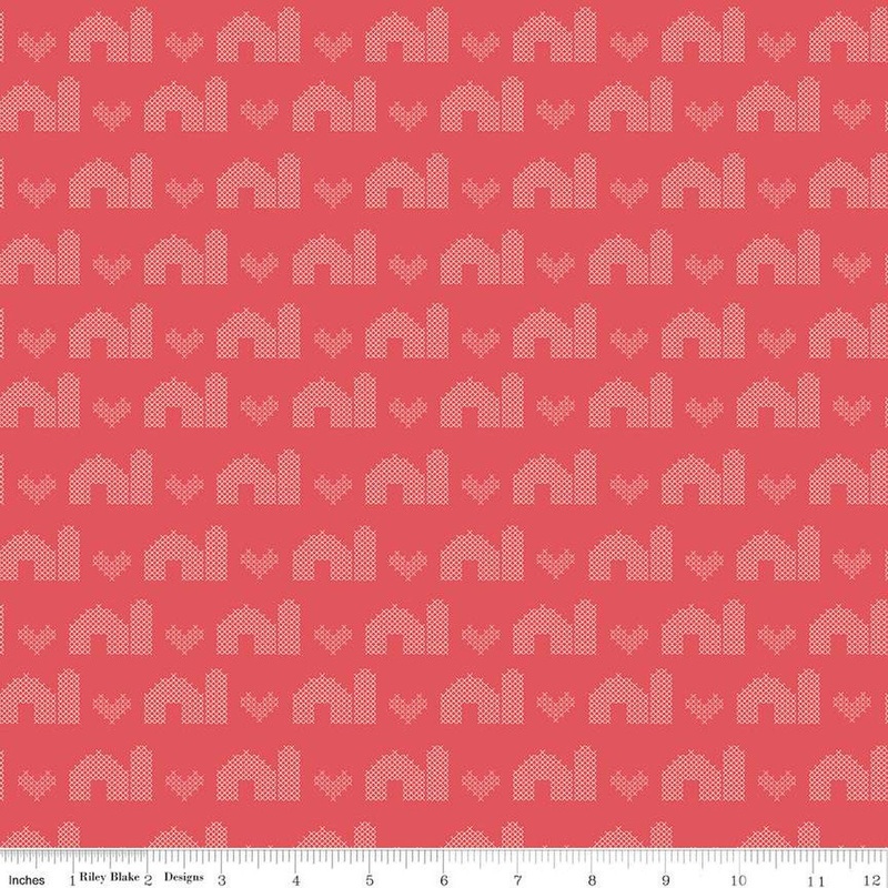 SALE Sweet Acres Barn Stitch C13214 Sunset - Riley Blake Designs - PRINTED Cross-stitched Hearts Barns - Quilting Cotton Fabric