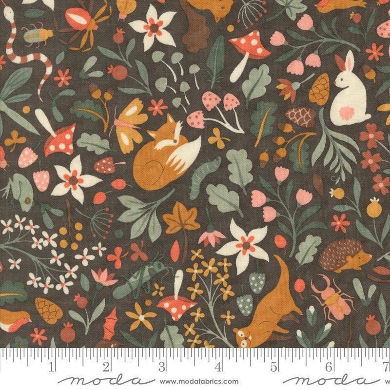 Acorn Hollow Fauna 30760 Soil - Moda Fabrics - Rabbit Bunny Flowers Leaves Nature Foxes Butterflies - Quilting Cotton Fabric