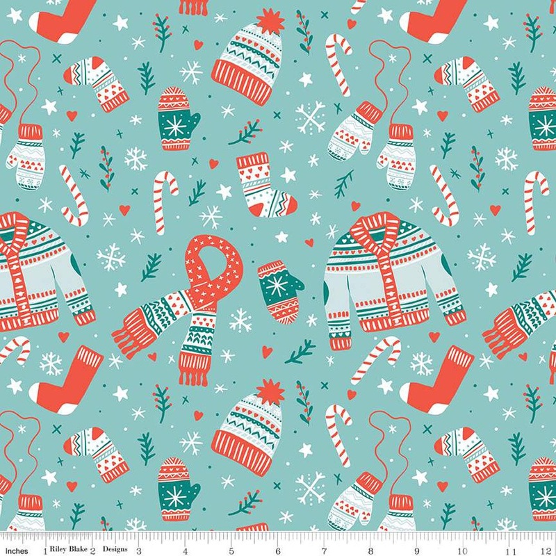 SALE Ski Hill Main C14770 Aqua - Riley Blake Designs - Clothing Candy Canes Snowflakes Stars Winter Snow - Quilting Cotton Fabric