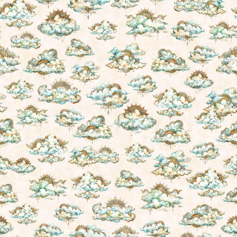 SALE Bohemian Sunrise Clouds 31091 Cream E - - QT Fabrics - Sky Cloudy Gold Celestial - Quilting Cotton Fabric