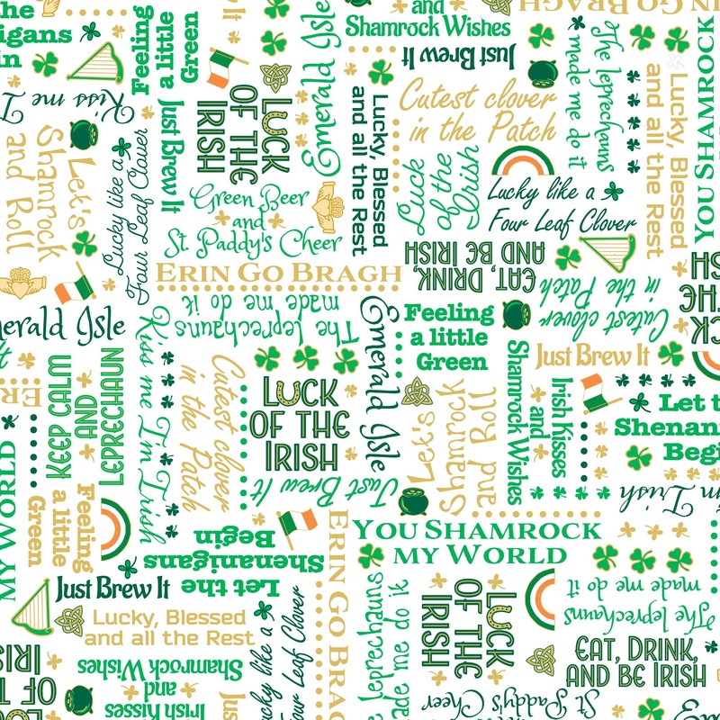 SALE St. Paddy's Cheer Irish Lingo 30823 White Z - by QT Fabrics - St. Patrick's Day Leprechaun Green Ireland - Quilting Cotton Fabric