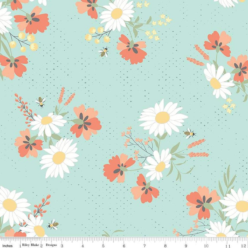 SALE Sunshine & Sweet Tea Main C14320 Mint - Riley Blake Designs - Floral Flowers Bees Pin Dots - Quilting Cotton Fabric