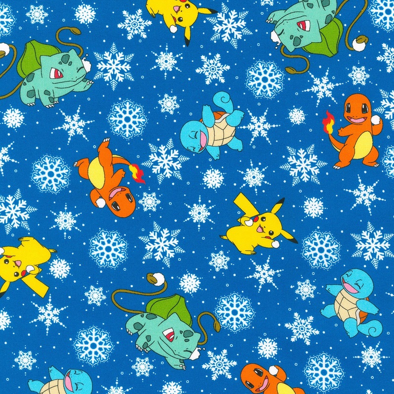 Pikachu's Holiday - Characters and Snowflakes Blue Yardage