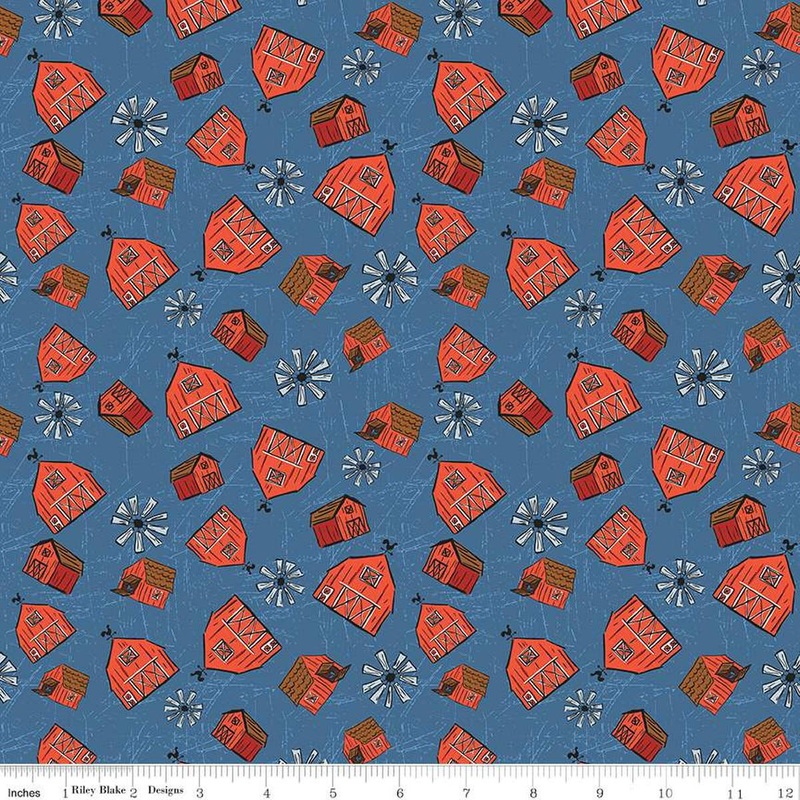 SALE Farm Livin' Barn Toss C15183 Denim - Riley Blake Designs - Windmill Shed Building - Quilting Cotton Fabric