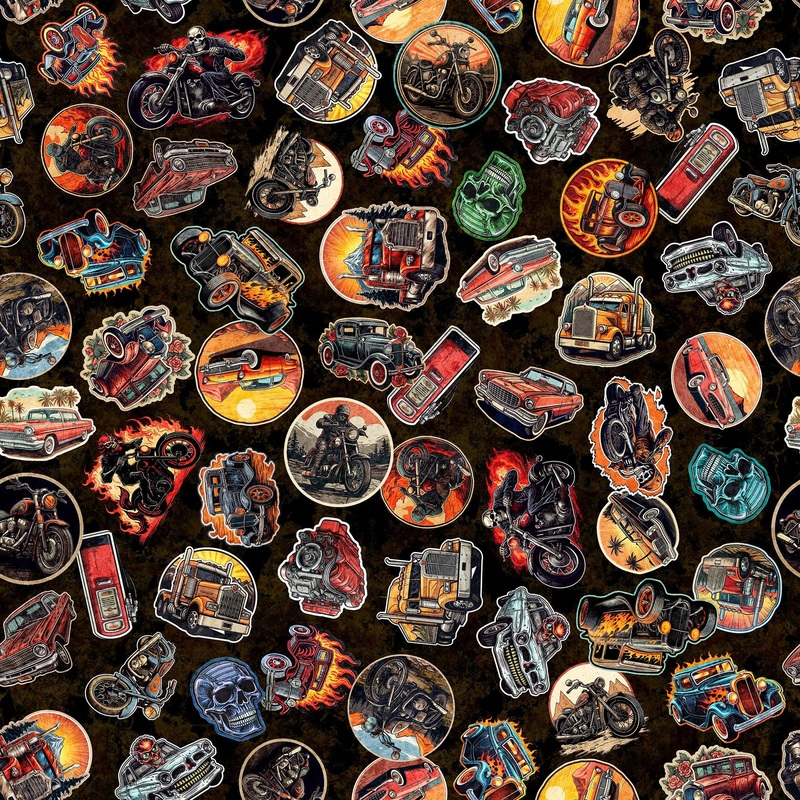 SALE Heavy Metal Stickers 30707 Black J - - QT Fabrics - Motorcycle Car Truck - Quilting Cotton Fabric