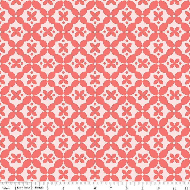 SALE Clover Farm Kitchen Tiles C14762 Pink - Riley Blake Designs - Medallion Flowers Floral Tiles - Quilting Cotton Fabric