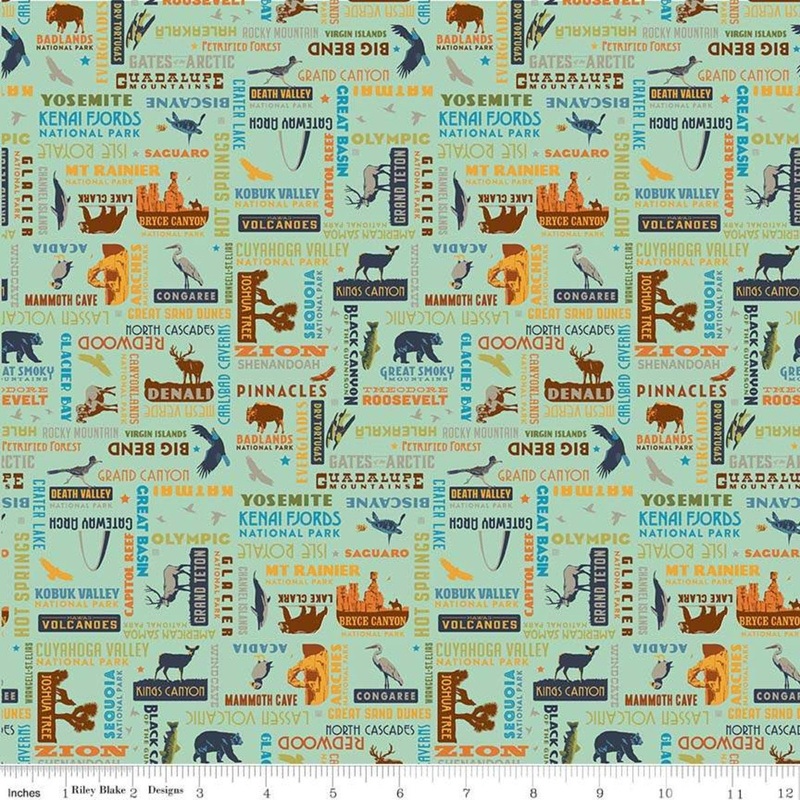 SALE National Parks Word Print Sea Green Wildlife Outdoor Fabric - C8784 - Riley Blake Quilting Cotton Fabric