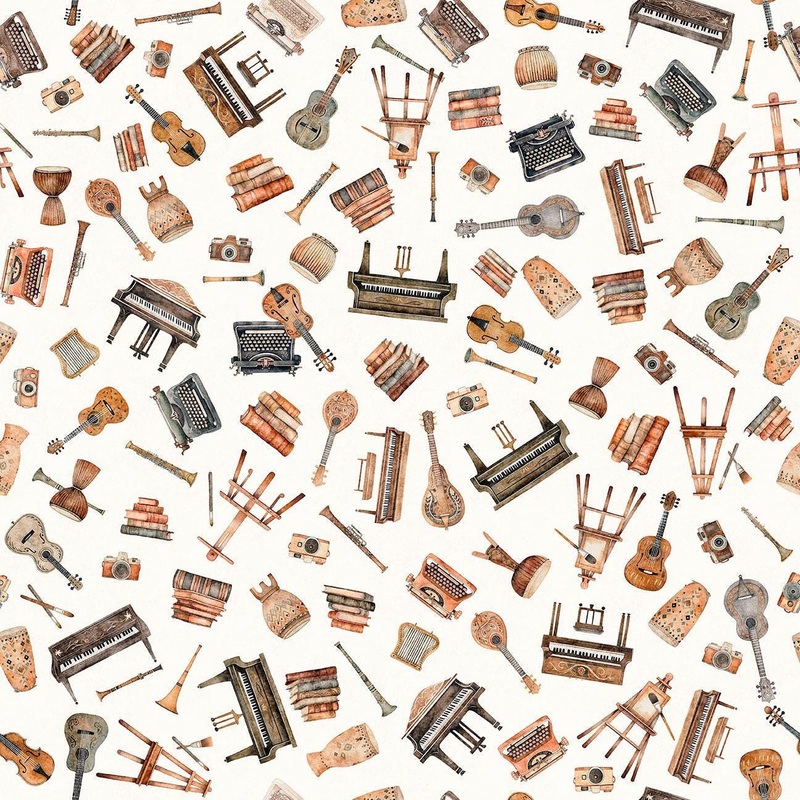 Sugar, Spice, Everything Nice Musical Instruments 31599 White Z - QT Fabrics - Piano Guitar Drums - Quilting Cotton Fabric