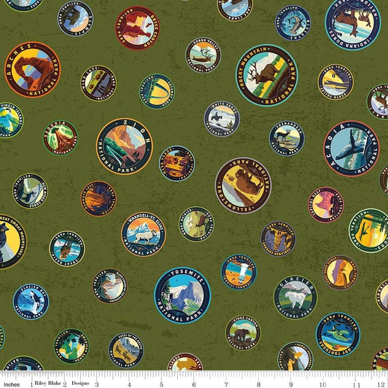 SALE National Parks Emblems CD13292 Avocado - Riley Blake Designs - DIGITALLY PRINTED Outdoors Recreation - Quilting Cotton Fabric