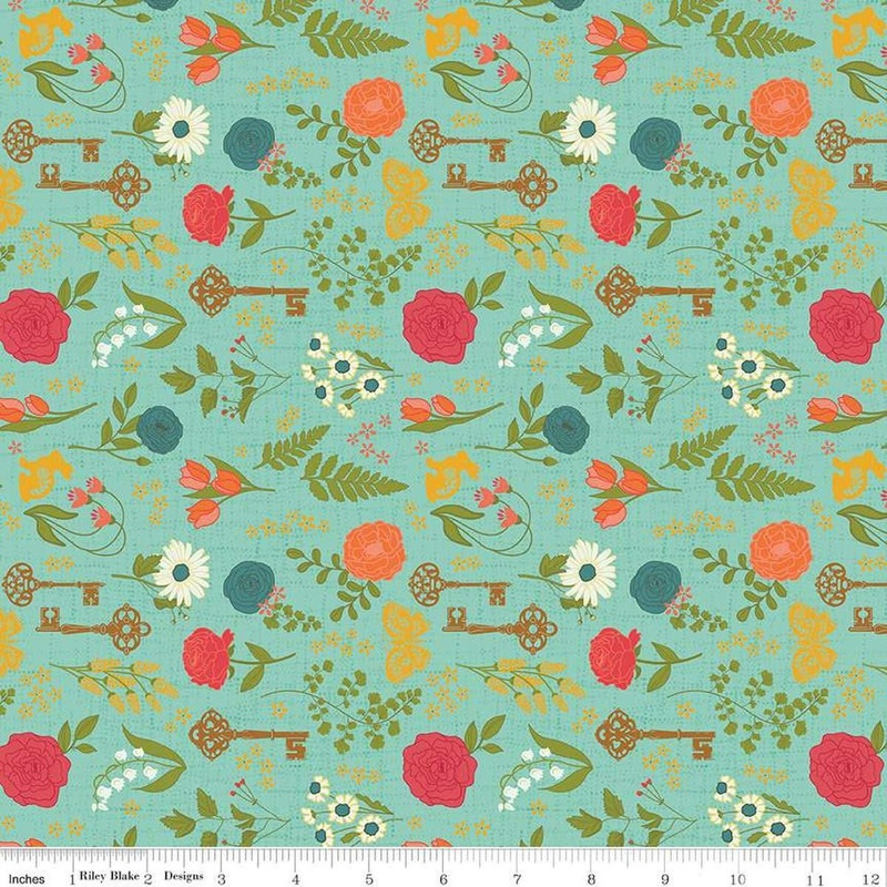 SALE First Blooms Pressed Flowers C16321 Glacier - Riley Blake Designs - Sprigs Flowers Floral Butterflies Keys - Quilting Cotton Fabric
