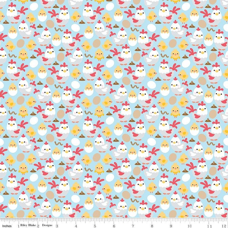 16" End of Bolt - SALE Down on the Farm Chickens C10074 Blue - Riley Blake - Children's Juvenile Chickens Chicks Eggs Worms -Quilting Cotton