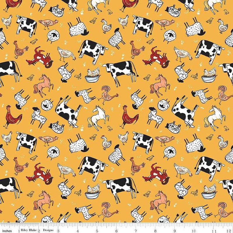 SALE Farm Livin' Animal Toss C15181 Yellow - Riley Blake Designs - Cow Horse Sheep Chicken Duck Rooster - Quilting Cotton Fabric