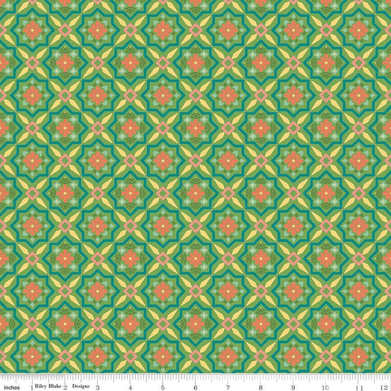 SALE Market Street Tiles C14124 Green - Riley Blake Designs - Geometric Floral - Quilting Cotton Fabric