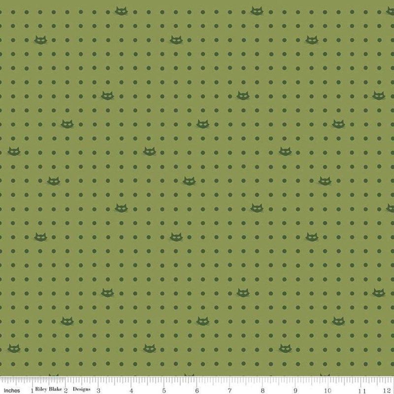 SALE Mod Meow Dots C10283 Olive - Riley Blake Designs - Cat Cats Polka Dots Dotted Dot Green - Quilting Cotton Fabric