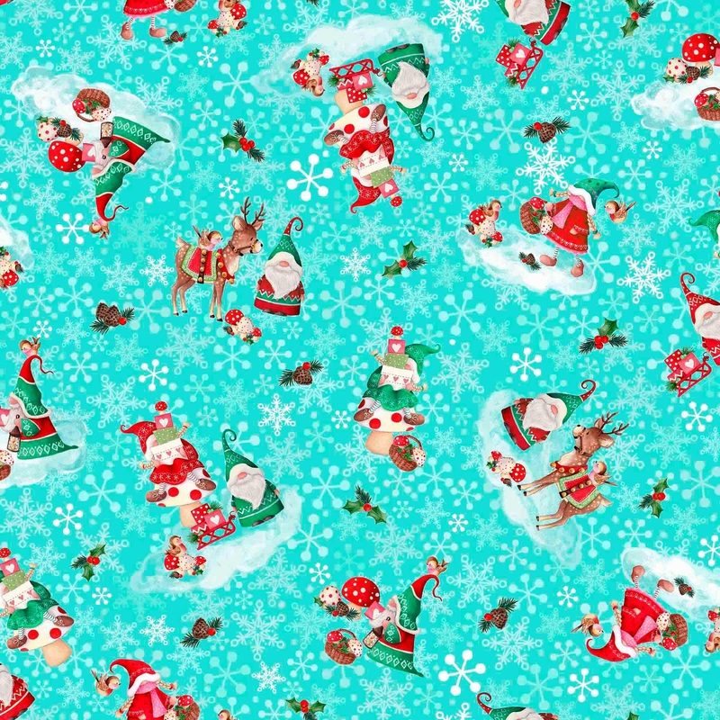 SALE Gnome For The Holidays Christmas Gnomes Toss 31062 Turquoise Q - - QT Fabrics - Christmas Gnomes Mushrooms - Quilting Cotton Fabric