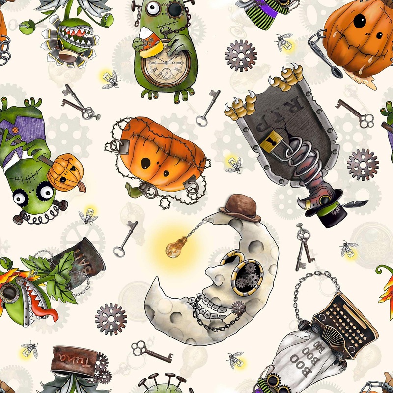 SALE Steampunk Halloween 3 Halloween Character Toss 31221 Cream E - - QT Fabrics - Pumpkin Moon Frankenstein - Quilting Cotton Fabric