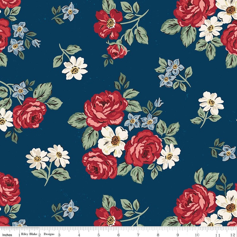 2yd 29" End of Bolt - Independence Floral Oxford Blue Patriotic Fabric WIDEBACK 108" Wide - Riley Blake Quilting Cotton Fabric