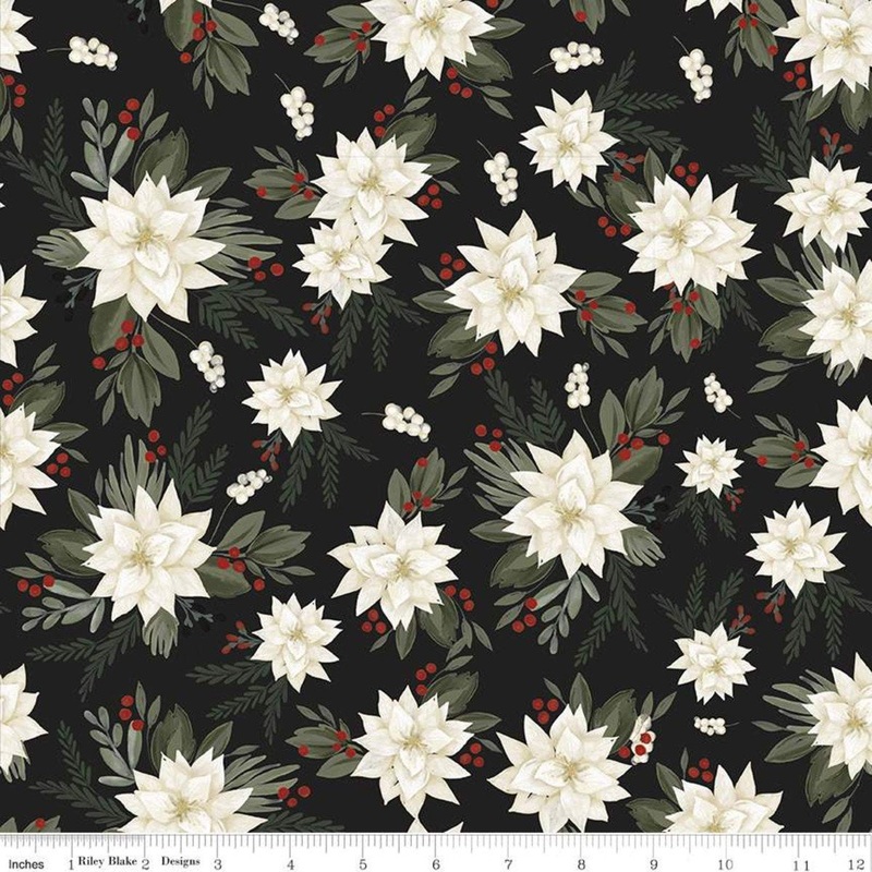 SALE Farmhouse Christmas Main C10950 Black - Riley Blake Designs - Floral Cream Flowers Poinsettias Leaves Berries - Quilting Cotton Fabric