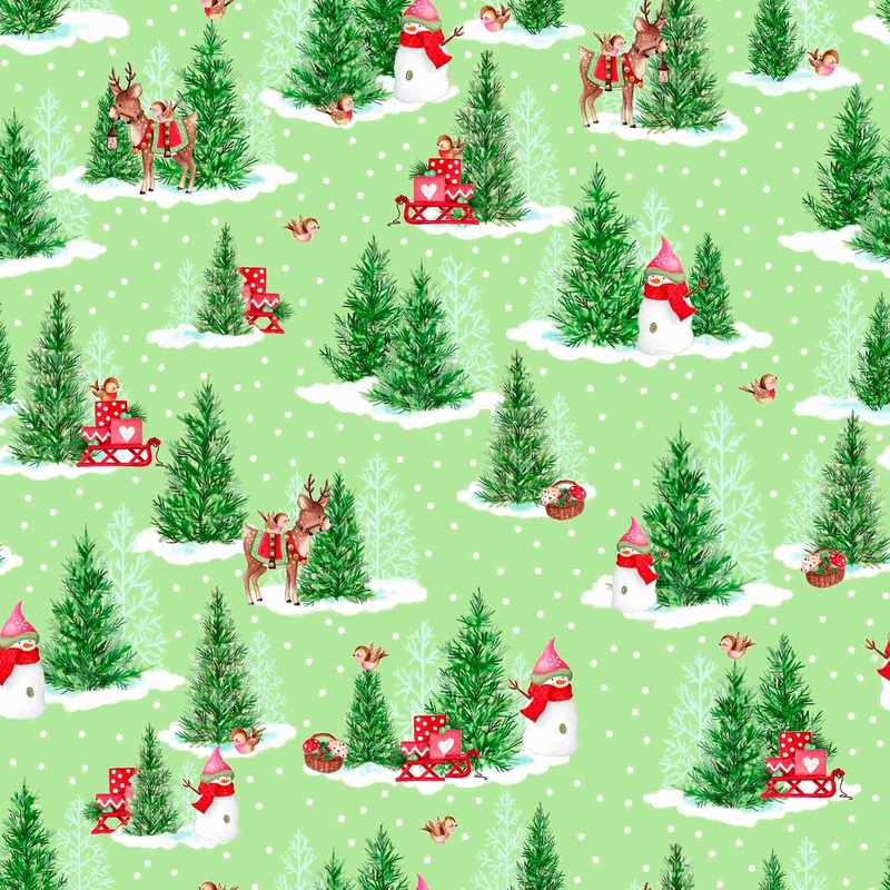 SALE Gnome For The Holidays Pine Trees 31064 LT Green H - - QT Fabrics - Christmas Tree Snow Deer Snowman - Quilting Cotton Fabric