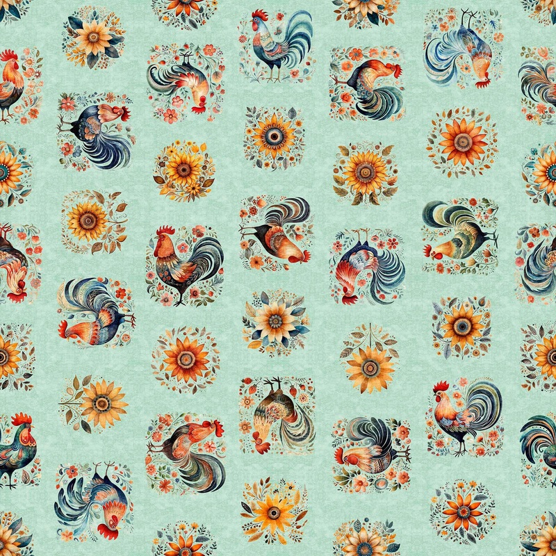 SALE Poultry In Motion Roosters & Sunflowers 30842 Sage H - - QT Fabrics - Chickens Chicks Floral Flowers - Quilting Cotton Fabric