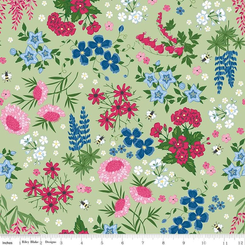 SALE Perennial Main C15420 Green - Riley Blake Designs - Flowers Floral Leaves Bees - Quilting Cotton Fabric
