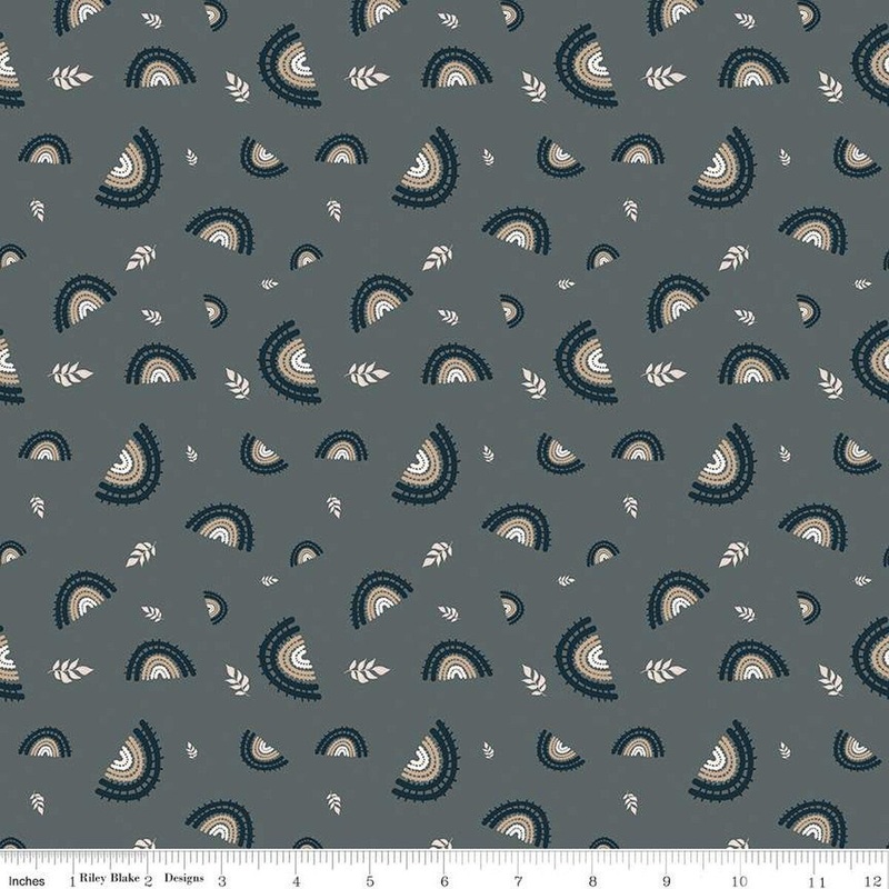 SALE Round the Mountain Railroad C13811 Stone - Riley Blake Designs - Trains Rainbows Tracks Leaves - Quilting Cotton Fabric