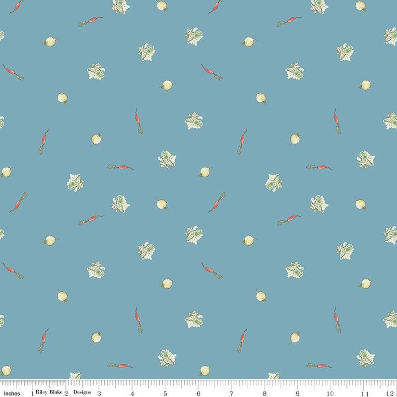 The Tale of Peter Rabbit Veggies Blue Beatrix Potter Fabric - C14703 - Riley Blake Quilting Cotton Fabric - Licensed Product